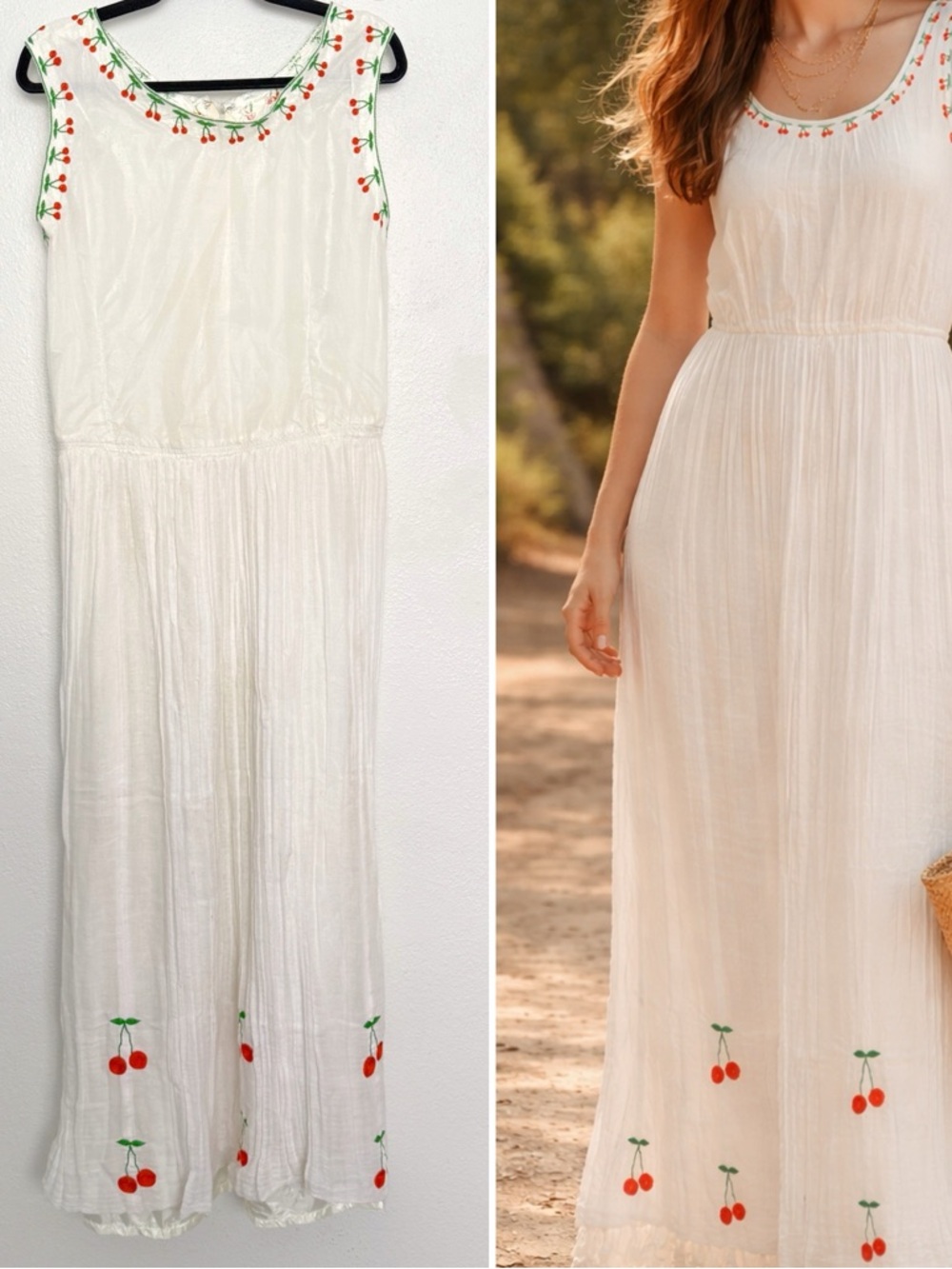 Vintage 70s White Cherry Embroidered Maxi Dress Cottagecore Boho Gauze